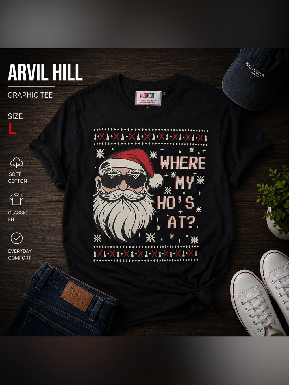 Black Santa Graphic Holiday Tee - Where My Ho's At?